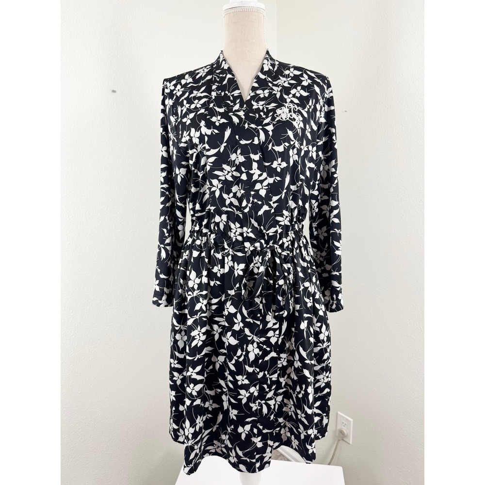 Lauren Ralph Lauren Black White Floral Wrap Robe Pockets Lounge Luxury Old Money